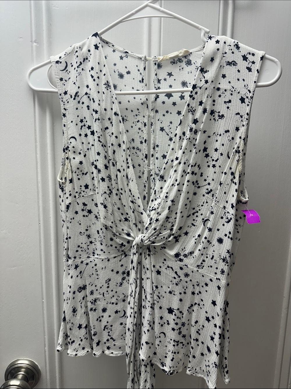 Sleeveless White Star & Moon Tie-Back Blouse